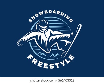 Snowboarding freestyle logo - vector illustration, emblem design on blue background