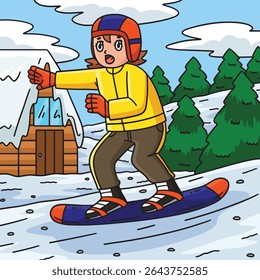 Snowboarding Girl Balancing Colored Cartoon 