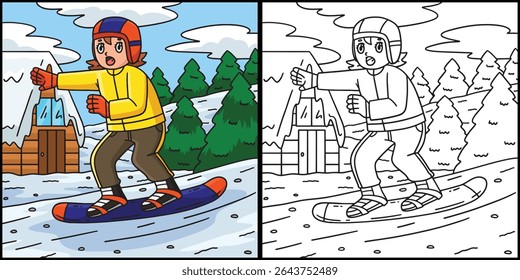 Snowboarding Girl Balancing Coloring Illustration 