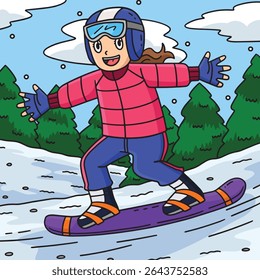 Snowboarding Girl Gliding Colored Cartoon 