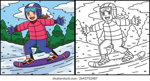 Snowboarding Girl Gliding Coloring Illustration 