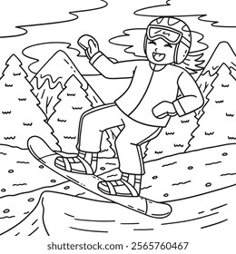 Snowboarding Girl making a Leap Coloring Page 