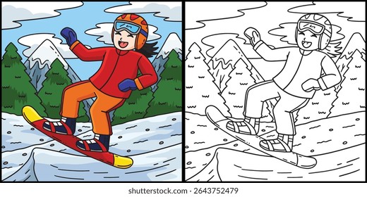 Snowboarding Girl making a Leap Illustration 