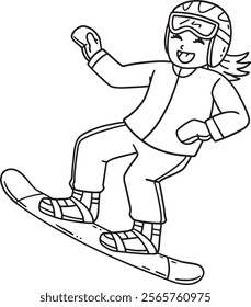 Snowboarding Girl making a Leap Isolated Coloring 