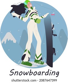 Snowboarding. Girl on snowboard,winter, montains. Active winter sport. Winter activities