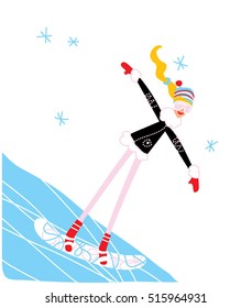 Snowboarding girl riding a hill. Vector illustration.