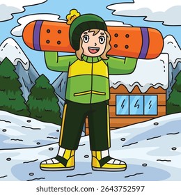 Snowboarding Girl with a Snowboard Colored Cartoon
