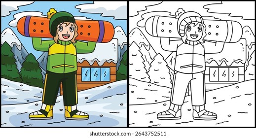 Snowboarding Girl with a Snowboard Illustration 