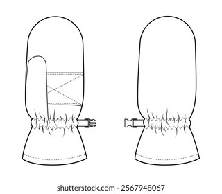 Snowboarding Gloves Mittens Fashion hand accessory clothing technical illustration garment. Vector front palm back view for Men women, unisex style flat template CAD mockup outline on white background