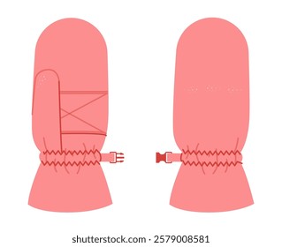 Snowboarding Gloves Mittens pink cartoon Fashion hand accessory clothing technical illustration garment. Vector front palm back view for Men, women, unisex style flat template CAD on white background