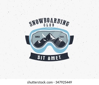 Snowboarding goggles extreme logo and label template. Winter snowboard sport store badge. Emblem and icon. Mountain Adventure insignia, symbol and element Vector vintage colorful style. Retro design.