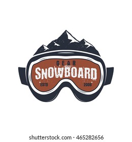 Snowboarding goggles extreme logo and label template. Winter snowboard sport store badge. Emblem and icon. Mountain Adventure insignia, patch. Vector vintage bright palette. Retro design.