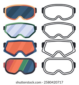 Snowboarding goggles vector cartoon set isolated on a white background.