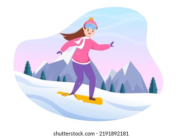 Snowboarding Hand Drawn Cartoon Flat Illustration of People in Winter Outfit Sliding and Jumping with Snowboards at Snowy Mountain Sides or Slopes