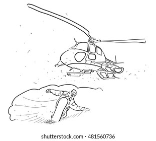Snowboarding and Helicopter Doodle Sketches, Hand drawn Vector Outline Artwork
