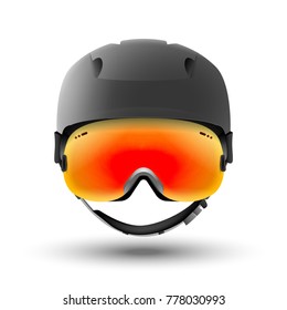 Snowboarding Helmet And Goggles Isolated On White. Mountain Ski Sport Equipment. Front View. Winter Safe Activity.