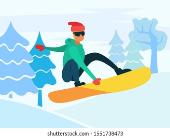 Snowboarding hobby winter recreation of character jumping on board. Landscape with hills and pine trees. Activities in cold season of year. Personage wearing warm clothes hat and gloves vector
