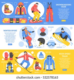 Snowboarding horizontal banners with advertising of gear and tools for extreme winter sports flat vector illustration
