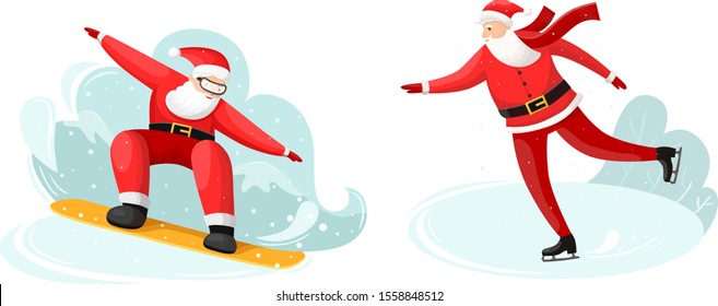 Snowboarding and ice skating Santa Claus isolated on white background. Vector Christmas character on snowboard and skates. Winter sport activities. 