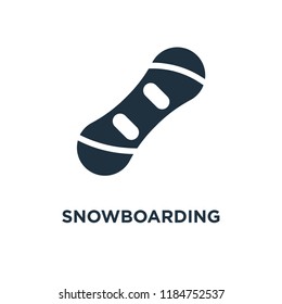 Snowboarding icon. Black filled vector illustration. Snowboarding symbol on white background. Can be used in web and mobile.