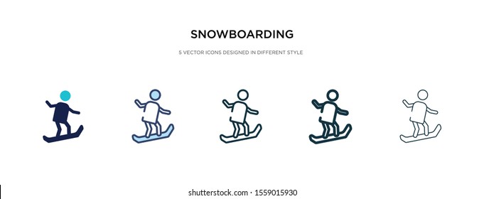 snowboarding icon in different style vector illustration. two colored and black snowboarding vector icons designed in filled, outline, line and stroke style can be used for web, mobile, ui