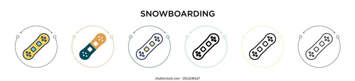Snowboarding icon in filled, thin line, outline and stroke style. Vector illustration of two colored and black snowboarding vector icons designs can be used for mobile, ui, web