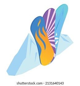 Icono de Snowboard vector isométrico. La tabla de snowboard y la montaña cubierta de nieve. Deporte extremo invernal, hobby, recreación activa
