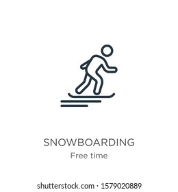 Snowboarding icon. Thin linear snowboarding outline icon isolated on white background from free time collection. Line vector sign, symbol for web and mobile