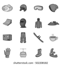 Snowboarding icons set. Gray monochrome illustration of 16 snowboarding vector icons for web