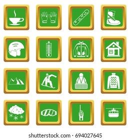 Snowboarding icons set in green color isolated vector illustration for web and any design