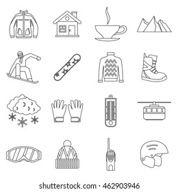 Snowboarding icons set in outline style. Winter sport elements set collection vector illustration