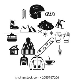 Snowboarding icons set in simple style. Winter sport elements set collection vector illustration