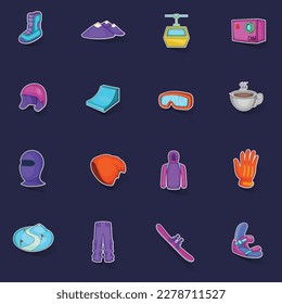 Snowboarding icons set stikers collection vector with shadow on purple background