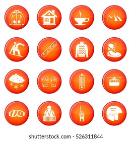 Snowboarding icons vector set of red circles isolated on white background
