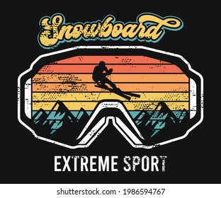 Snowboarding illustration on black background for tees 