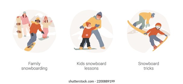 Snowboarding isolated cartoon vector illustration set. Family riding down the slope together, winter resort, take snowboarding lesson, young teen making trick, extreme sport vector cartoon.