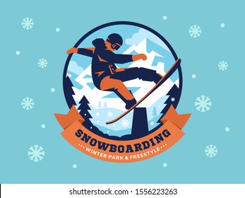 Snowboarding jibbing vector emblem, logo design.