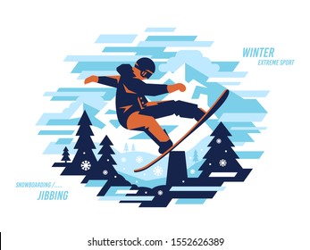 Snowboarding jibbing vector modern illustration  design on a white background