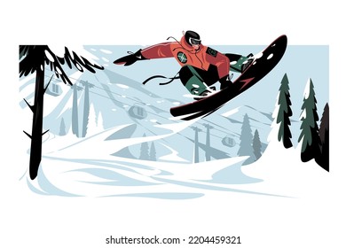 Snowboarding, jumping snowboarder in snowy mountains background vector illustration. Man with snowboard flat style. Winter sport concept