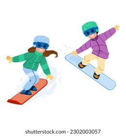 snowboarding kid vector. active snowboard, winter sport, snowboarder happy, fun snow, season young snowboarding kid character. people flat cartoon illustration
