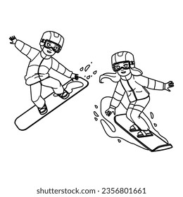 snowboarding kid vector. active snowboard, winter sport, snowboarder happy, fun snow, season young snowboarding kid character. people black line illustration