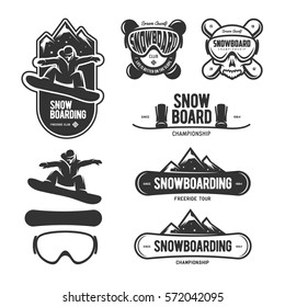 Juego de etiquetas de snowboard. emblemas de deportes de invierno. Insignia del campeonato de snowboard. Ilustración vectorial