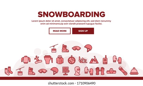 Vector de plantilla de encabezado de página web de inicio de Snowboarding. Máscara Y Snowboard, Zapatos Y Cascos, Guantes E Ilustraciones De Accesorios Para Snowboarding