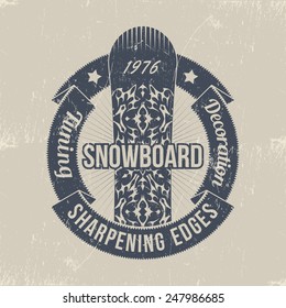 Snowboarding logo in grunge style. Emblem on which the ornament snowboard protrudes from under the round ribbon.