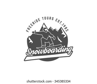 Snowboarding logo and label template. Winter freeride tours  badge. Extreme Emblem and icon. Adventure insignia. Vector monochrome design