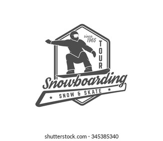 Snowboarding logo and label template. Winter sport badge. Extreme Emblem and icon. Adventure insignia. Vector monochrome design. Vintage theme.