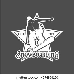 Snowboarding logo label template. Winter sports. Logo snowboard in the mountains. Retro design. Old school sport logo. Monochrome badges.