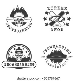 Snowboarding Logo and Label Vector Template Set.  Vector vintage monochrome style. Retro design.