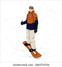 Snowboarding man standing mountins gaer equipment