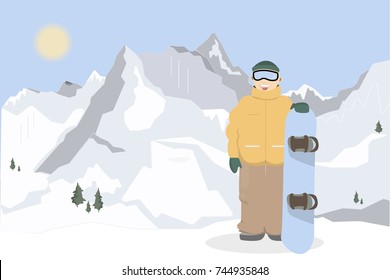 Snowboarding in mountains. Man in winter clothes and snowboard standing.